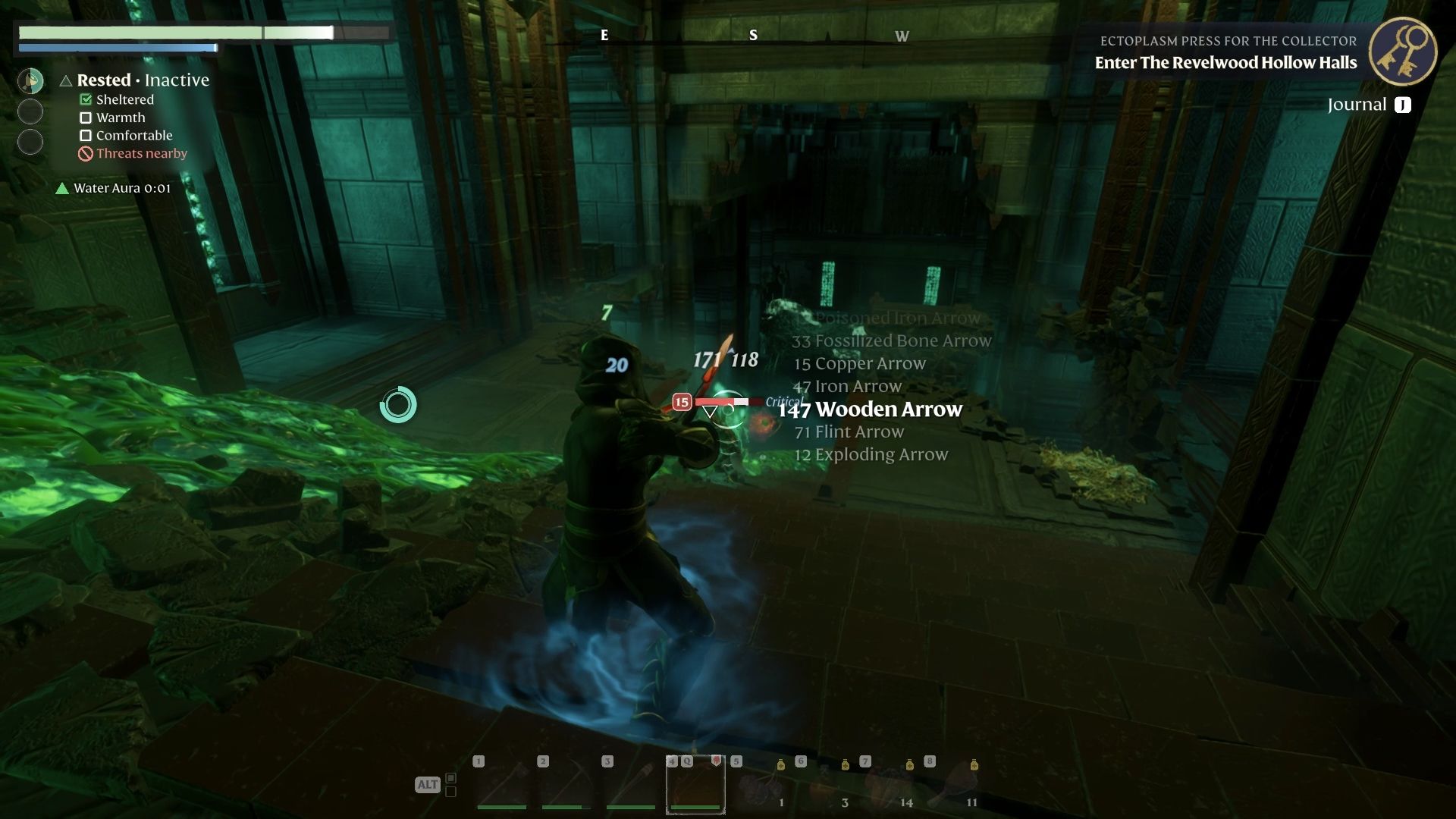 Fending off a horde of skeletons on a staircase in Revelwood Hollow Halls in Enshrouded