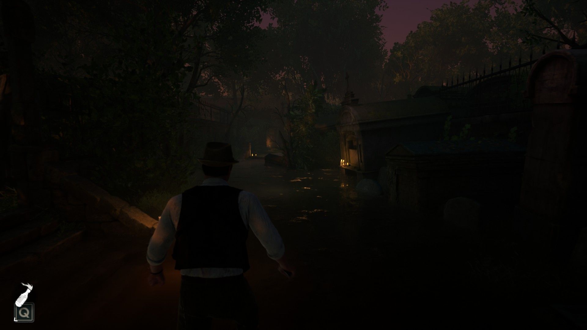 Edward walking through water in the cemetery in Alone in the Dark.