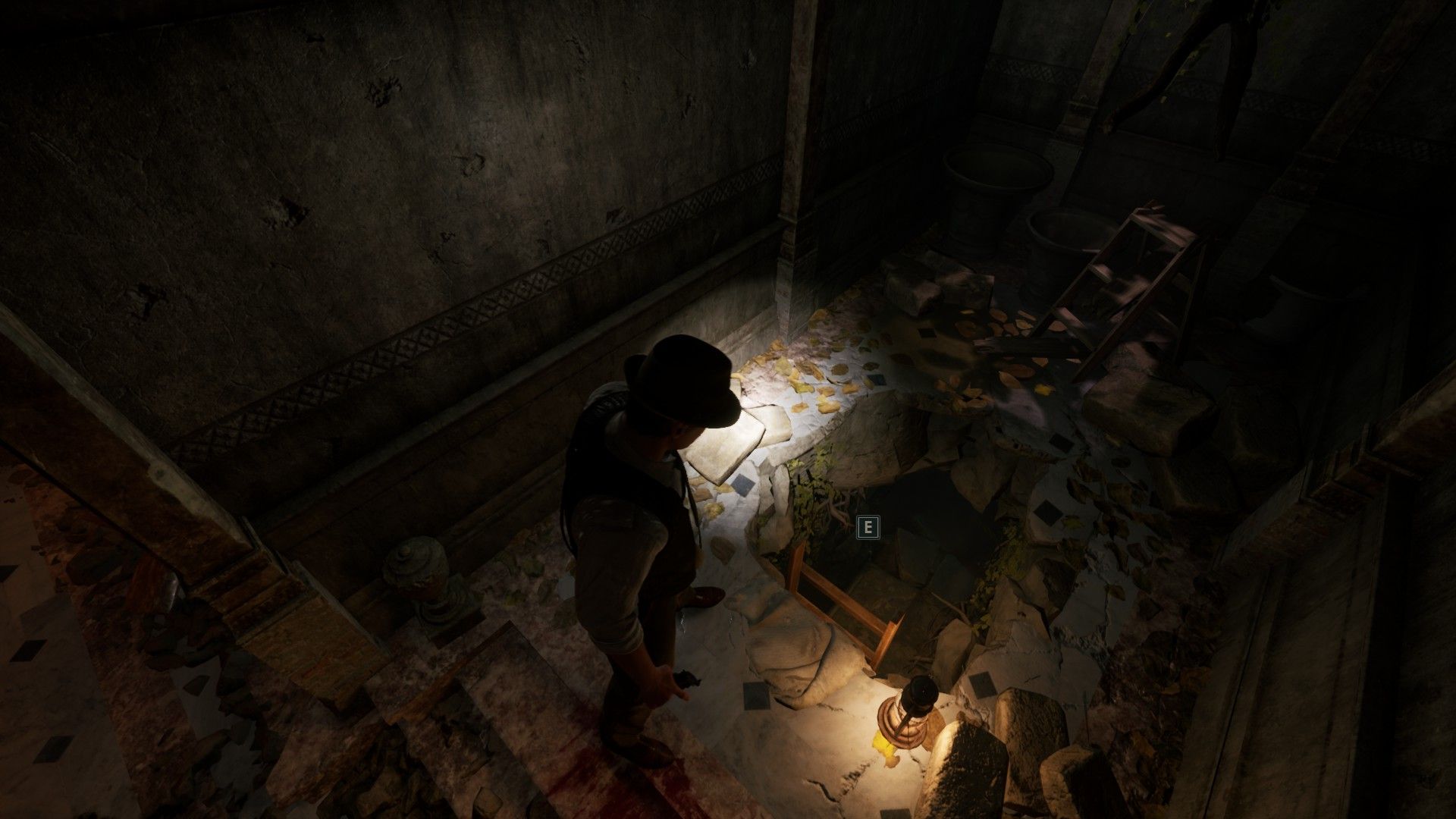 Edward beside the ladder leading into the crypt in Alone in the Dark.