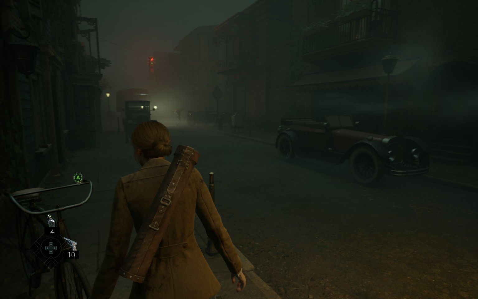 Emily sneaking through the streets to avoid a monster in the distance in Alone In The Dark.