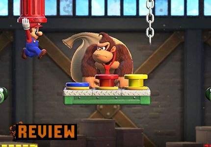 Mario vs. Donkey Kong Review card showing Mario about to throw a trash can
