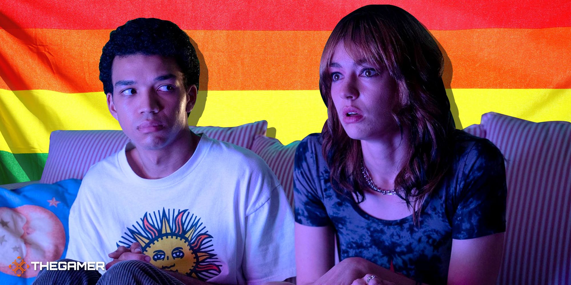 The characters from I Saw The TV Glow watching something on a couch, with a pride flag in the background.