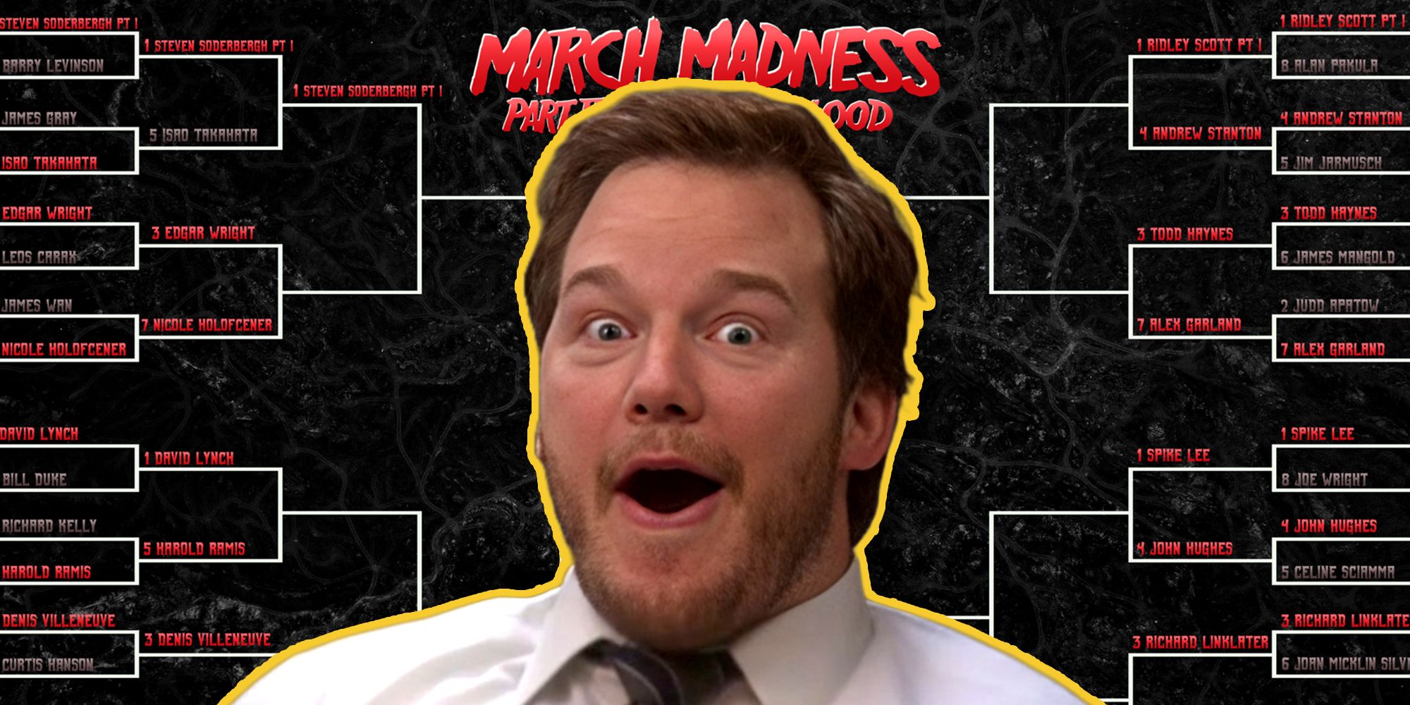 Chris Pratt as Andy Dwyer from Parks and Recreation looking excited in front of the Blank Check 2024 March Madness bracket