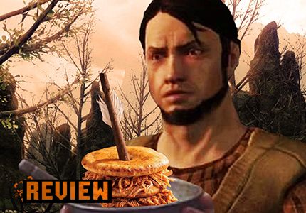 A Dragon Age character holding pancakes with pulled pork in between. There's an arrow sticking out of them. 