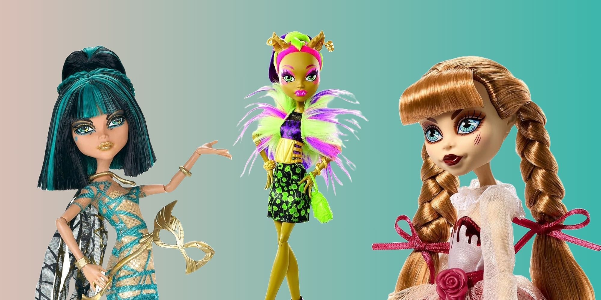 Three monster high dolls against a teal and cream gradient background.