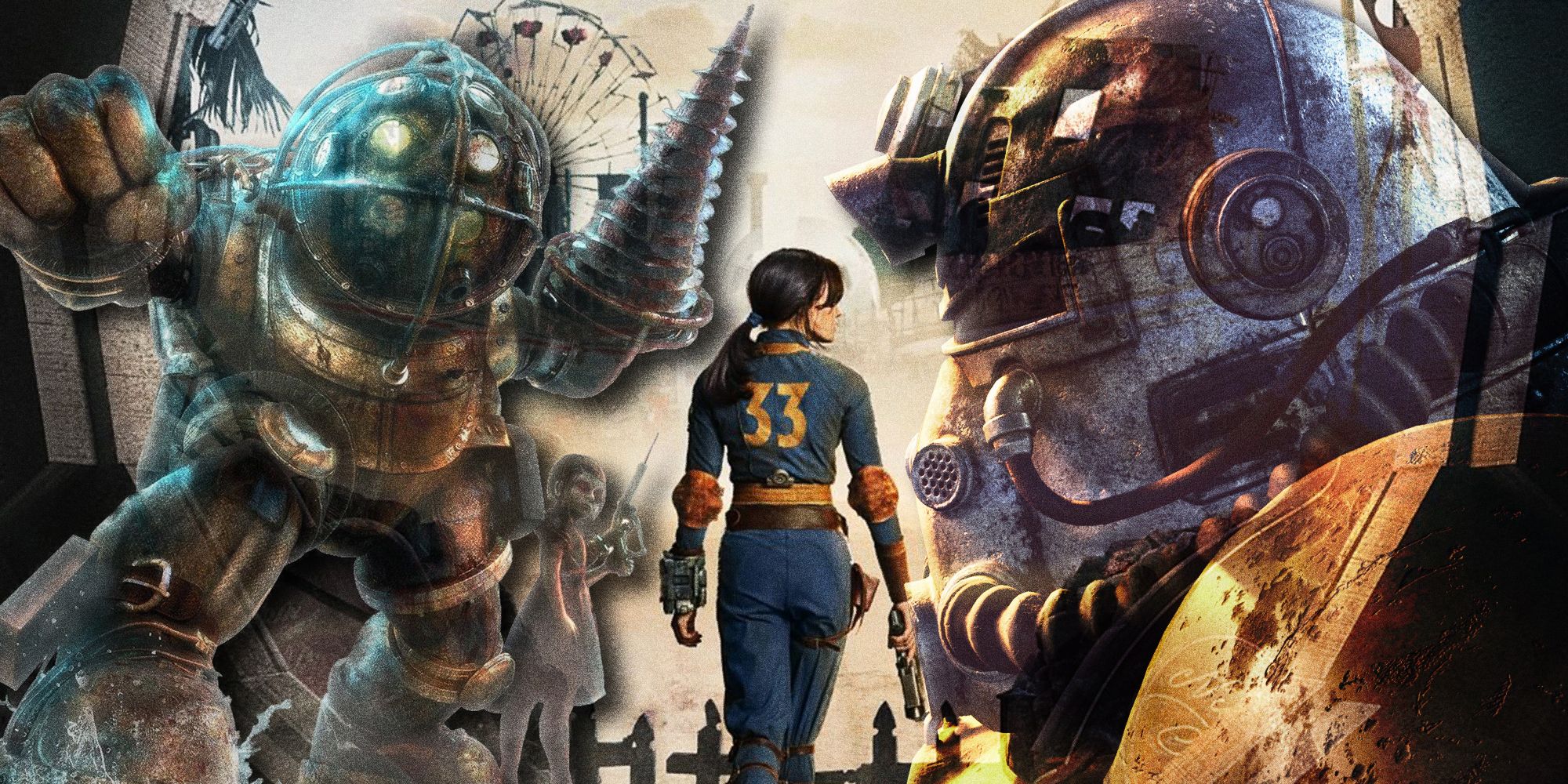 Collage image with the Big Daddy from BioShock on the left, a Power Armor helmet from Fallout on the right, and  Ellla Purnell's Jean from the Fallout series in the middle
