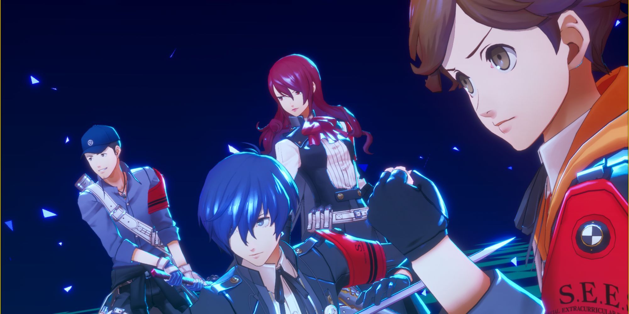 Persona 3 Reload - Junpei, Makoto, Mitsuru, and Ken prepare for an All-Out Attack in their SEES gear