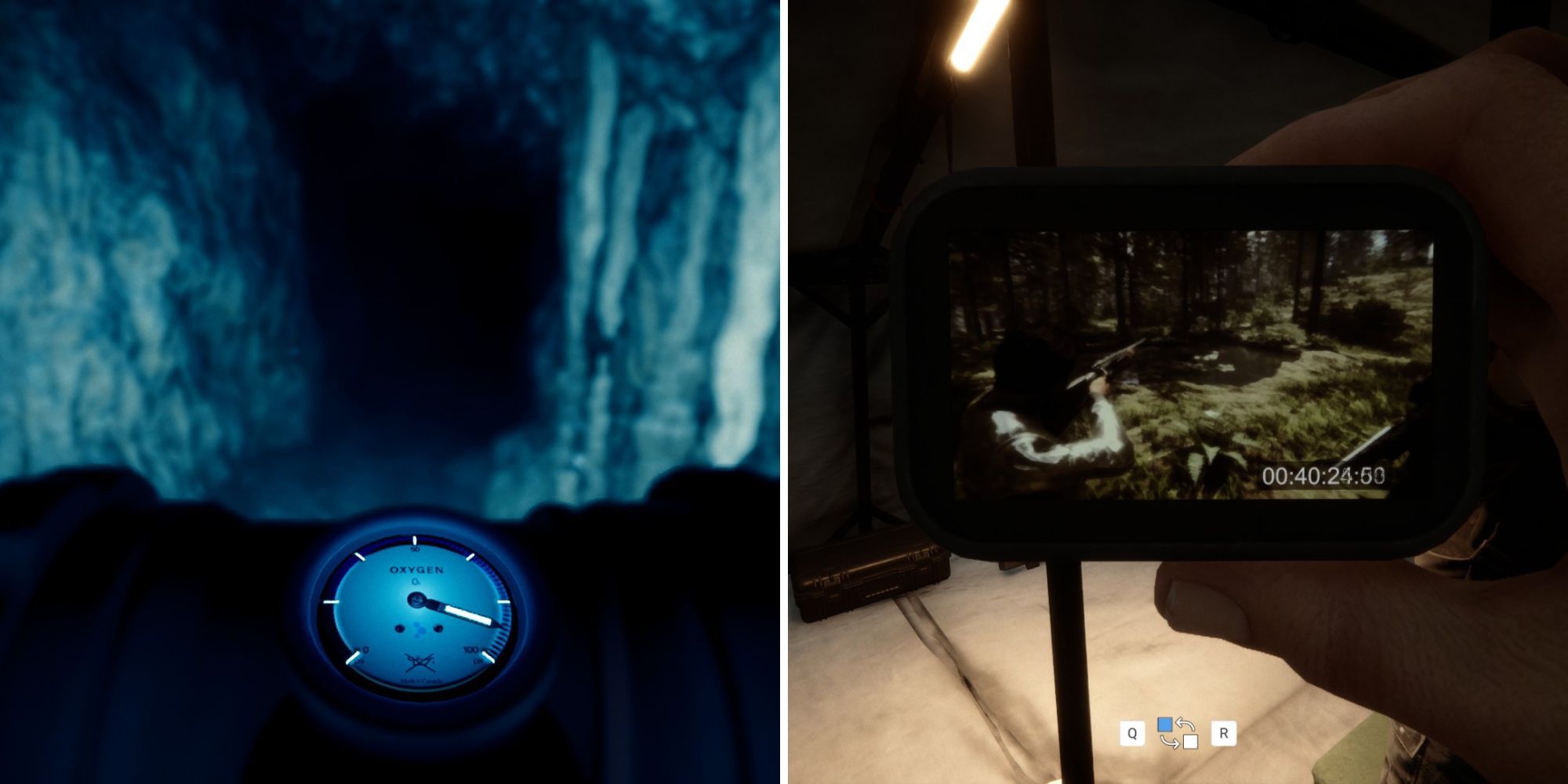 left - view from rebreather as player swims through underwater cave tunnel; right - found footage discovered in an abandoned tent in Sons of The Forest