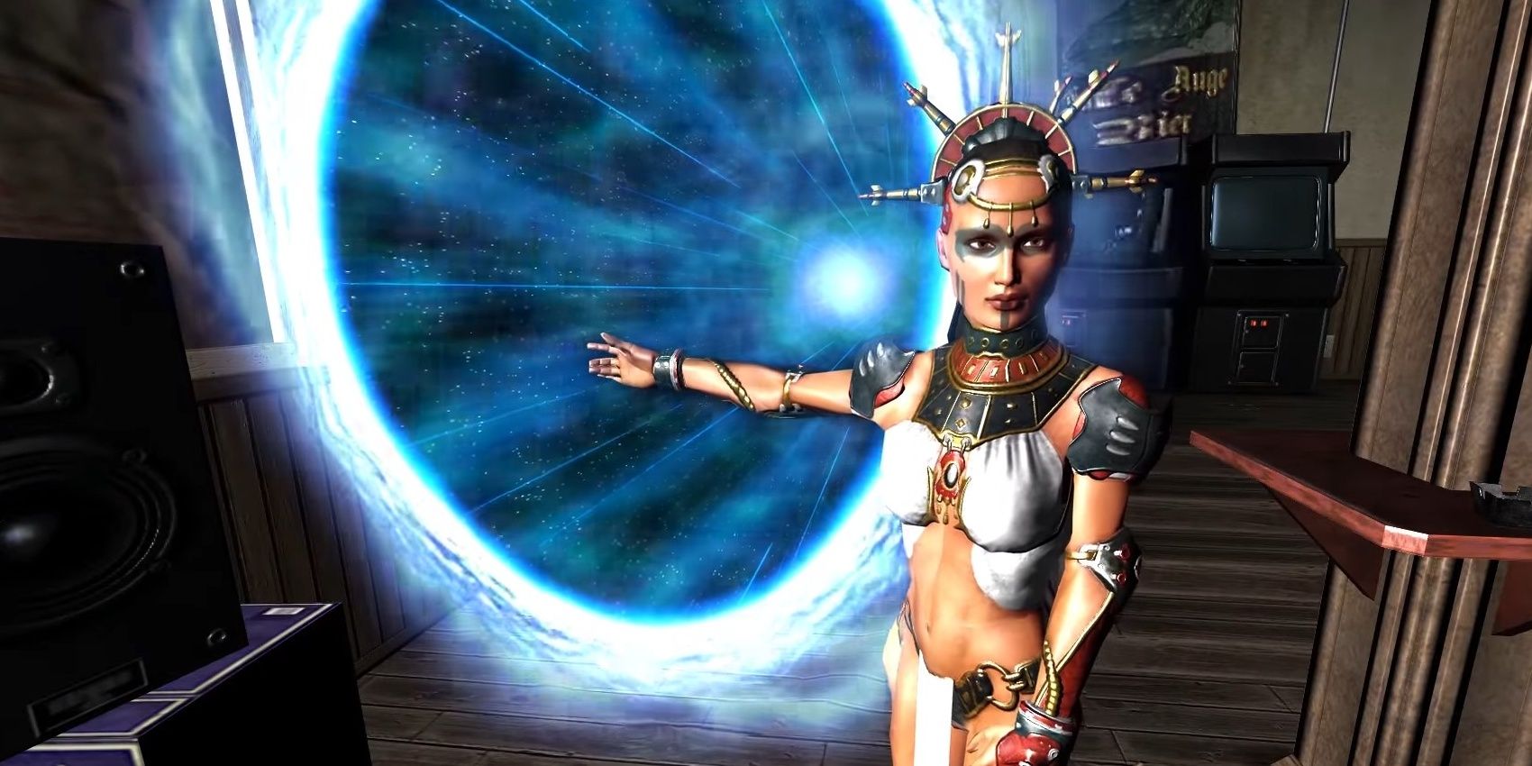 A blue portal from the ending of Prey with a woman standing in front of it.