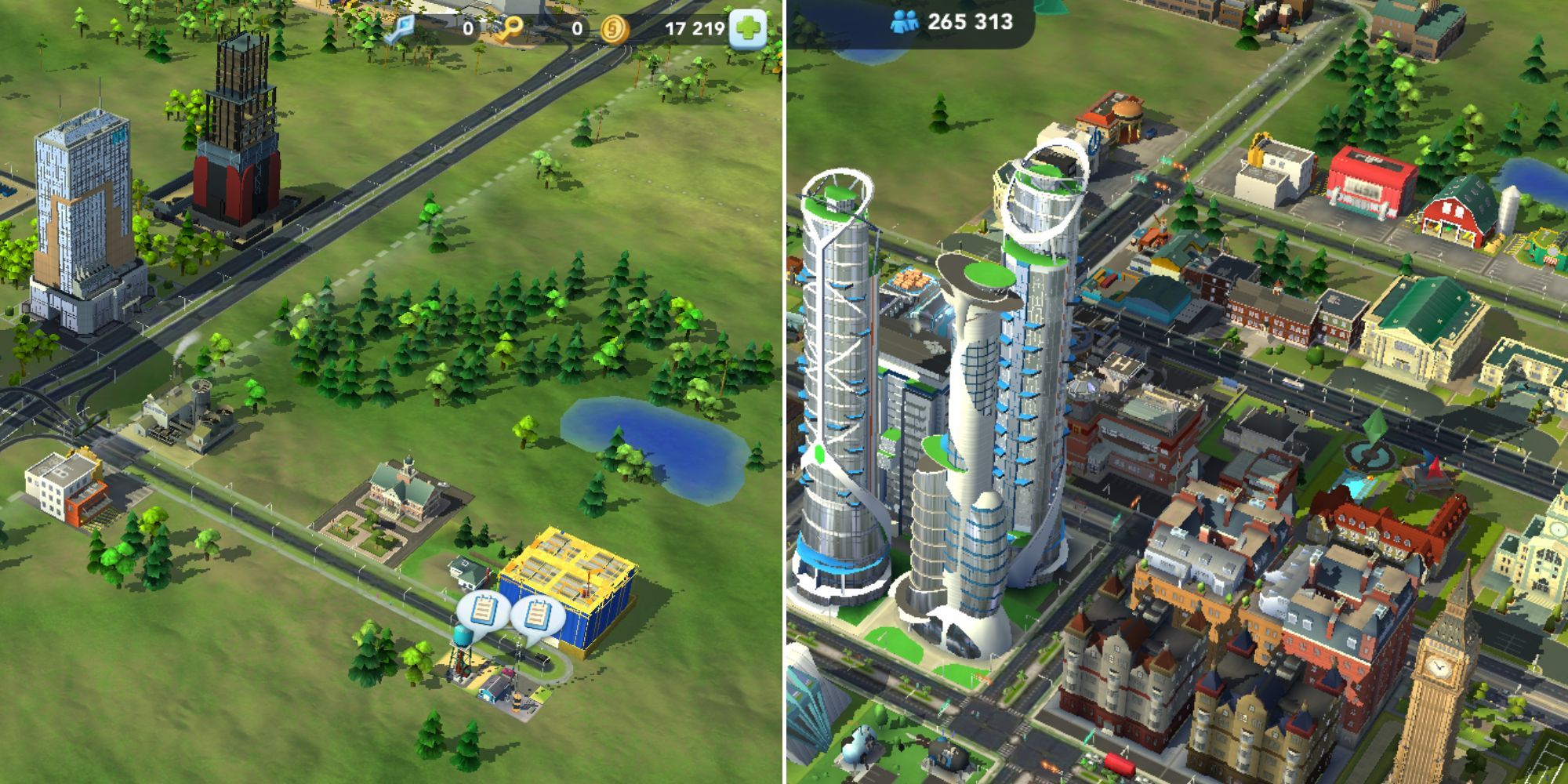 A city just starting out and a bustling neighbouring city in SimCity BuildIt