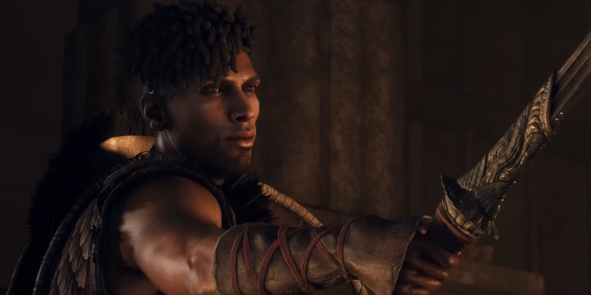 A man holding out a dark curved sword in Dragon's Dogma 2