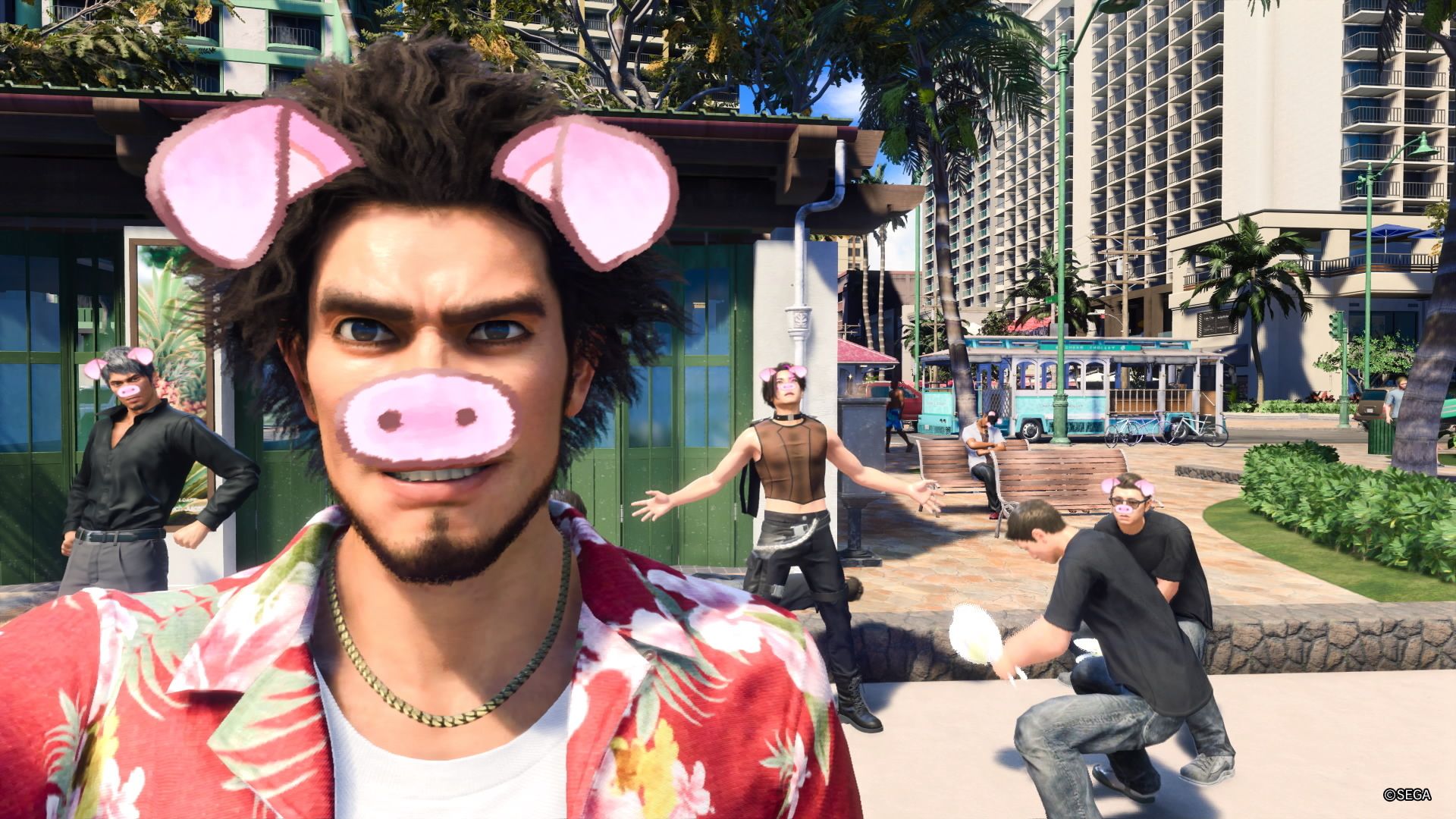 A man taking a selfie with a cartoon pig filter, in the background, more men with pig filters are posing