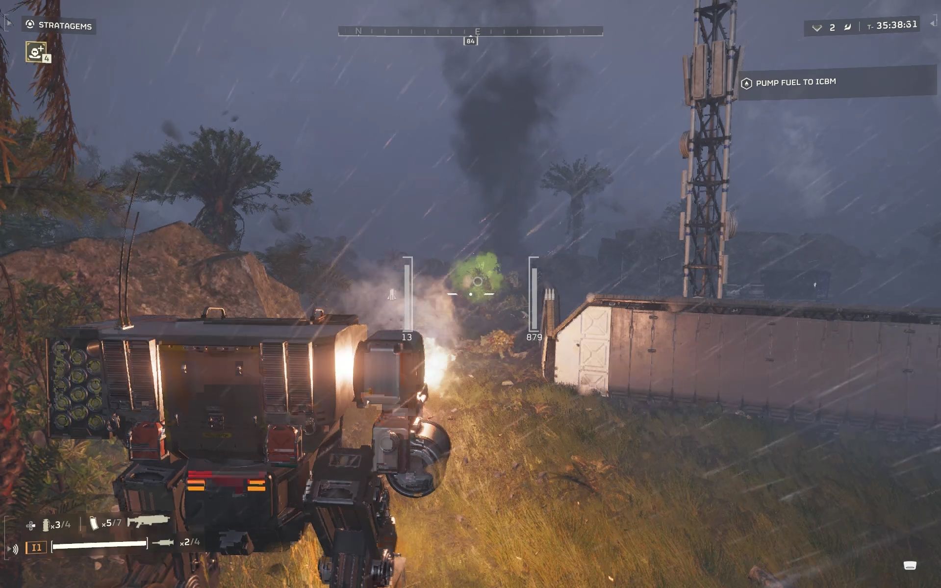 A mech using gatling gun to shred bugs in Helldivers 2