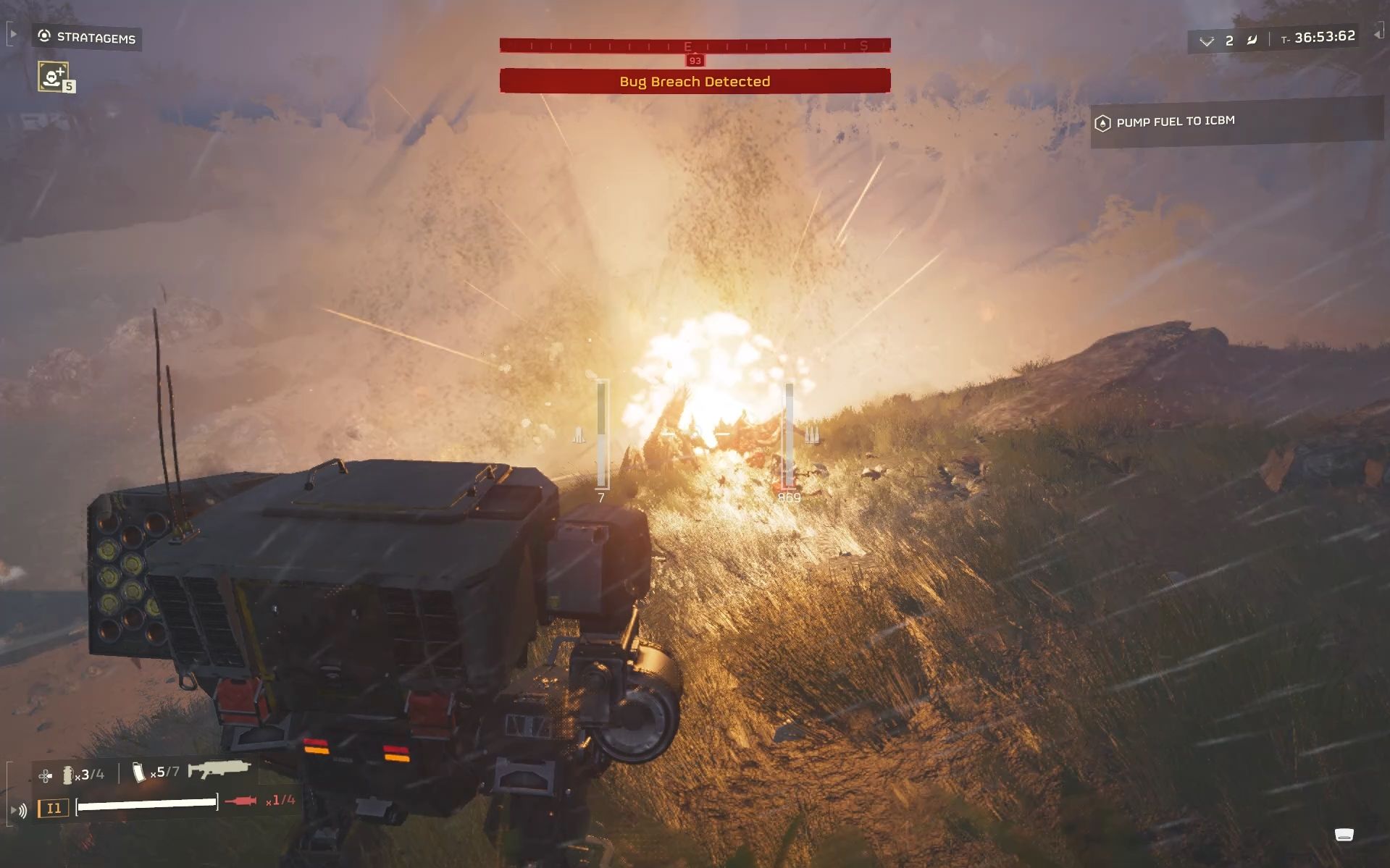 A mech using rockets to kill bugs in Helldivers 2