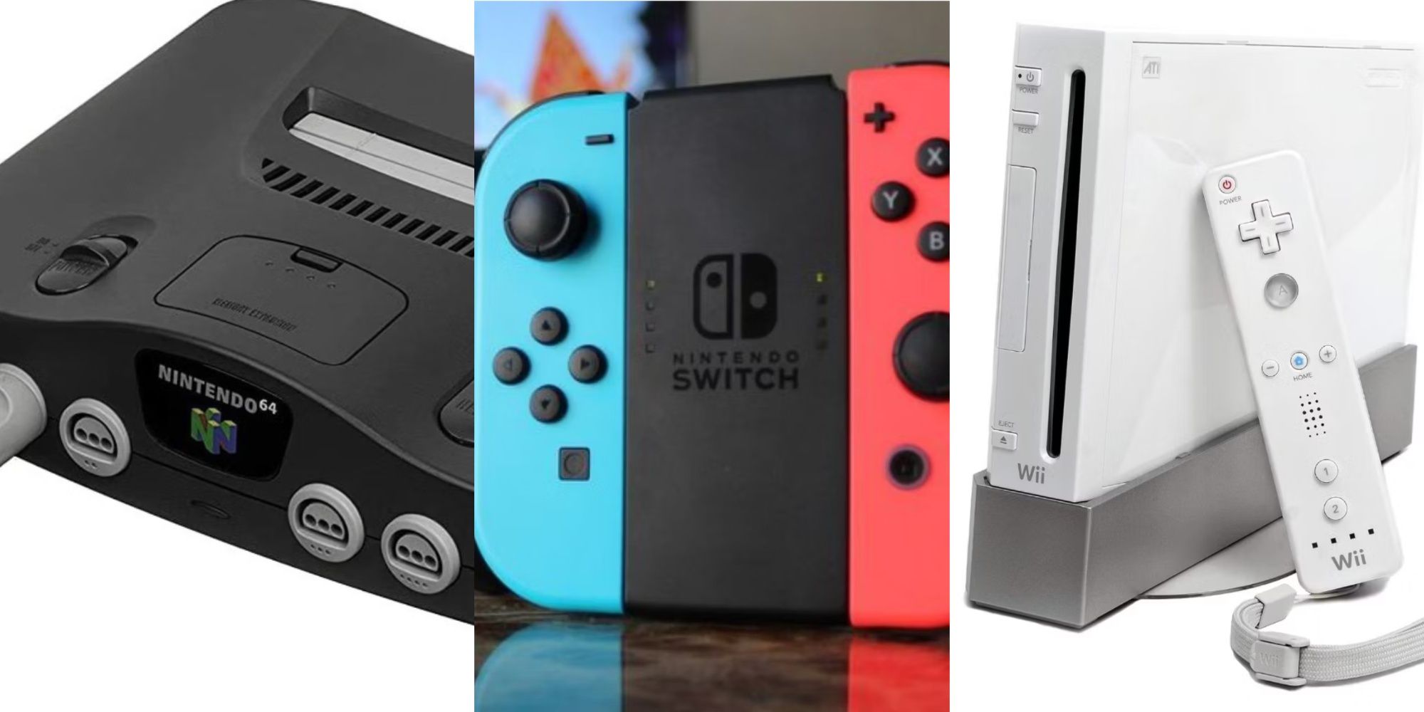 A Nintendo 64 console, a Wii console, and a Red and Blue Joy-Con from the Nintendo Switch
