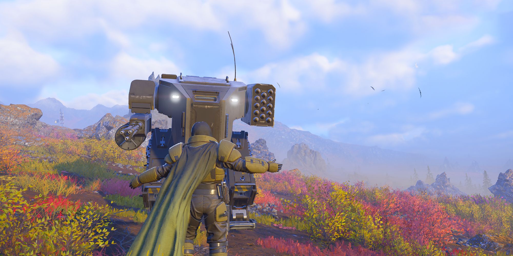 A player embracing arms in front of mech Exosuit in Helldivers 2
