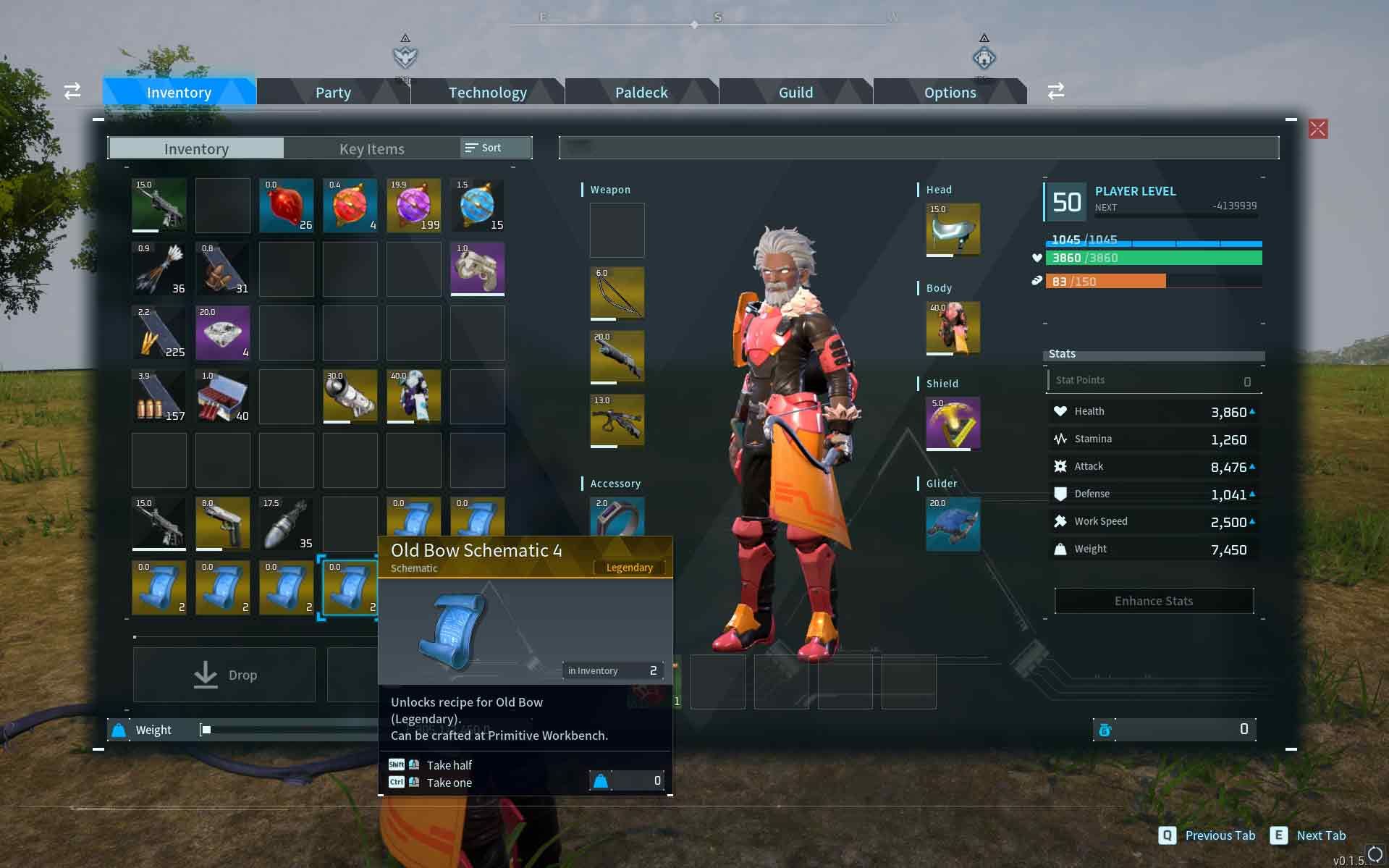 A player&rsquo;s inventory having the Legendary Old Bow Scheamtic in palworld