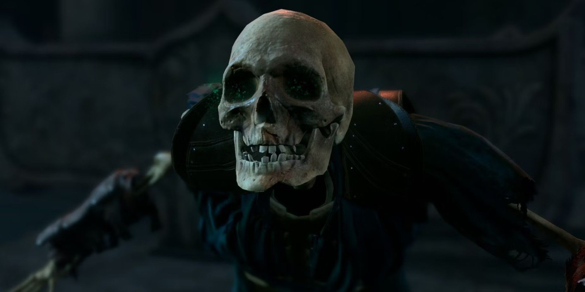 A skeleton with slightly glowing green eyes grinning towards the camera