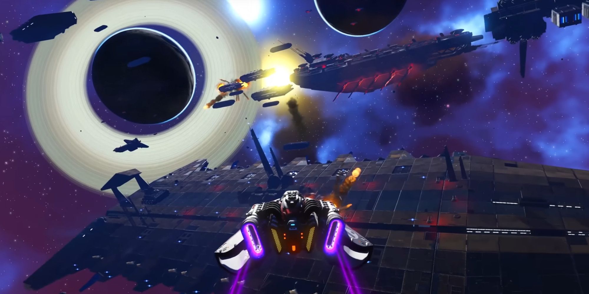 A small ship flying towards a battle in the middle of space, with a large planet in the background
