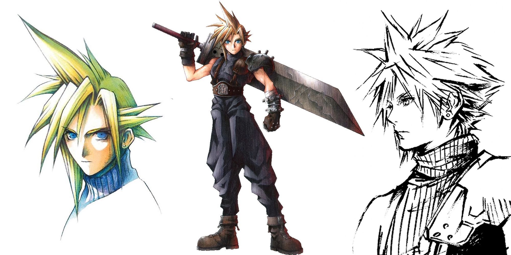 A Split Image Depicting Concept Art Of Cloud From Final Fantasy 7