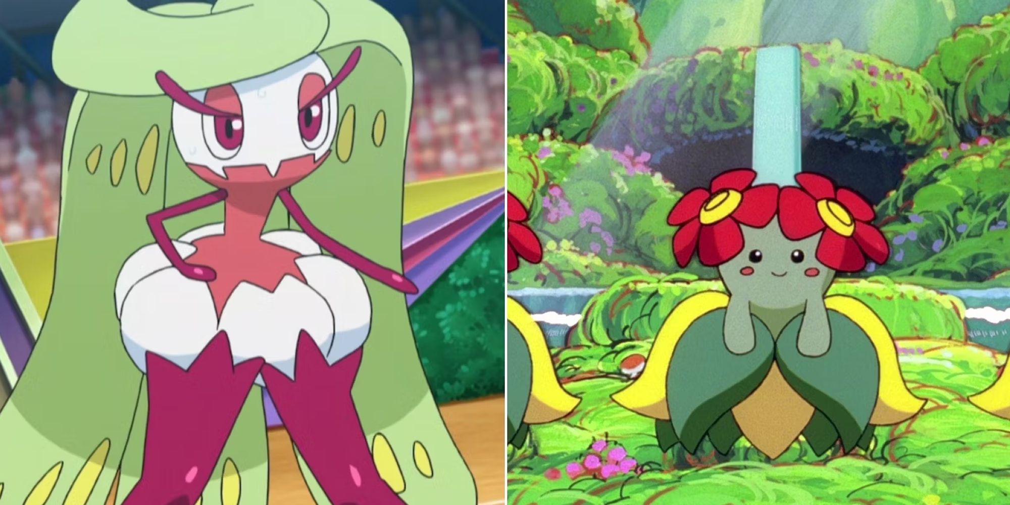 A Split Image Depicting Pokemon Anime Scenes Of Tsareena And Bellossom