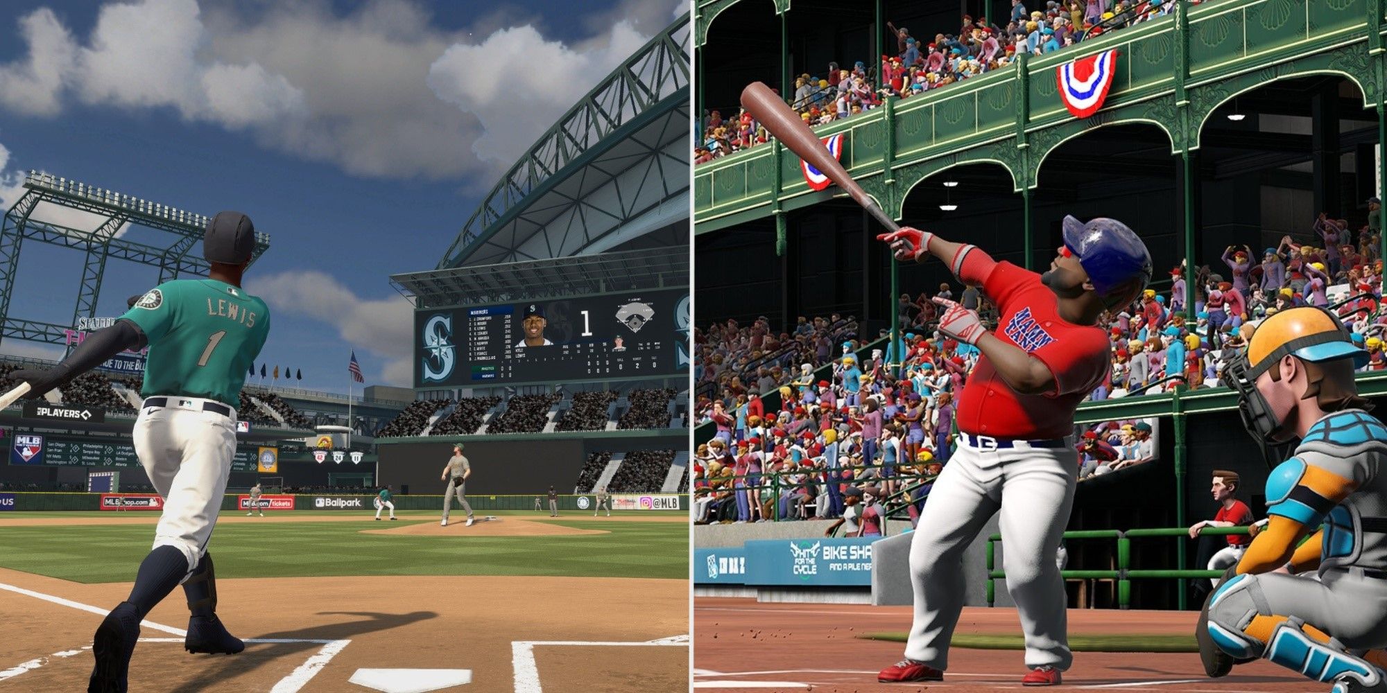 A split image showing two batters hitting a shot in RBI Baseball 2021 and Super Mega Baseball 4