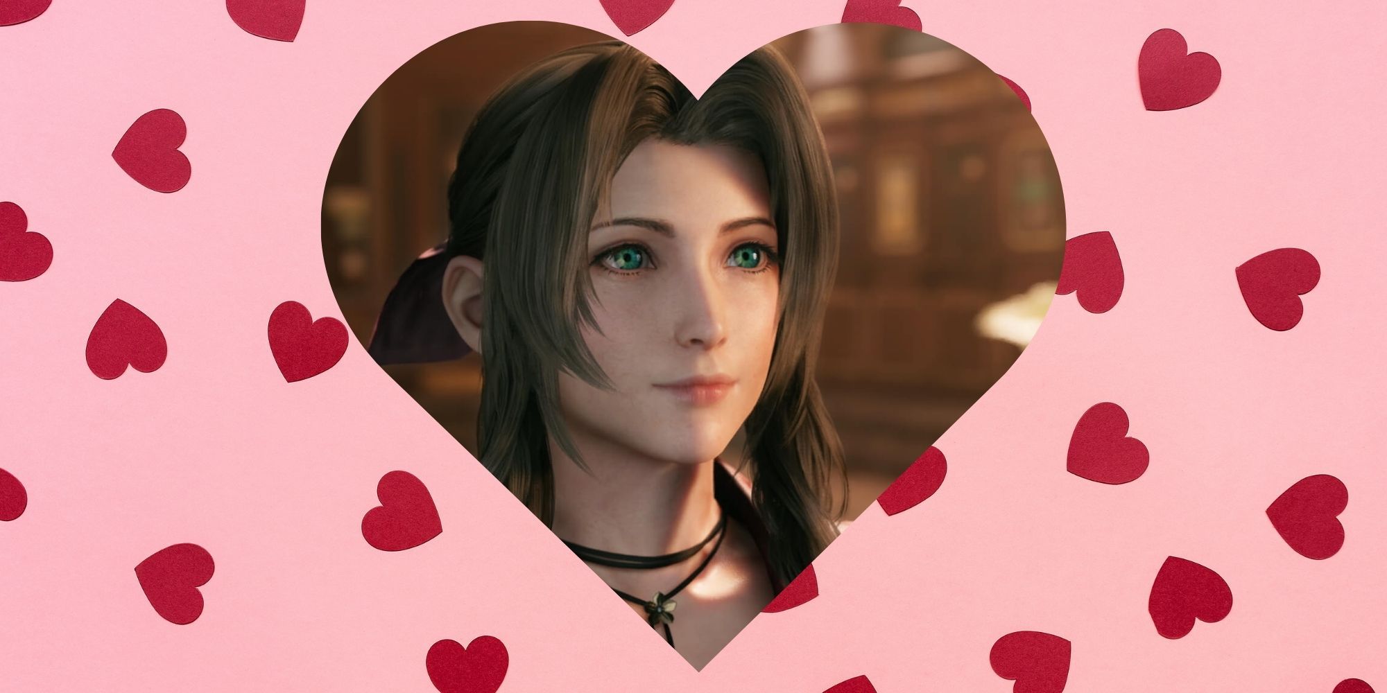 Aerith from Final Fantasy 7 in a heart shaped frame on a background of hearts