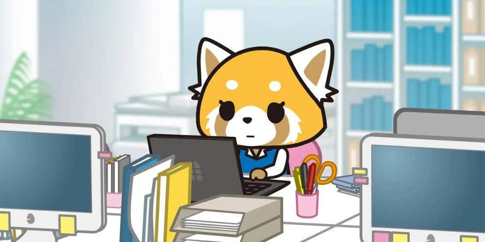 Aggretsuko Sitting At Desk In An Office Working On Laptop In Suit