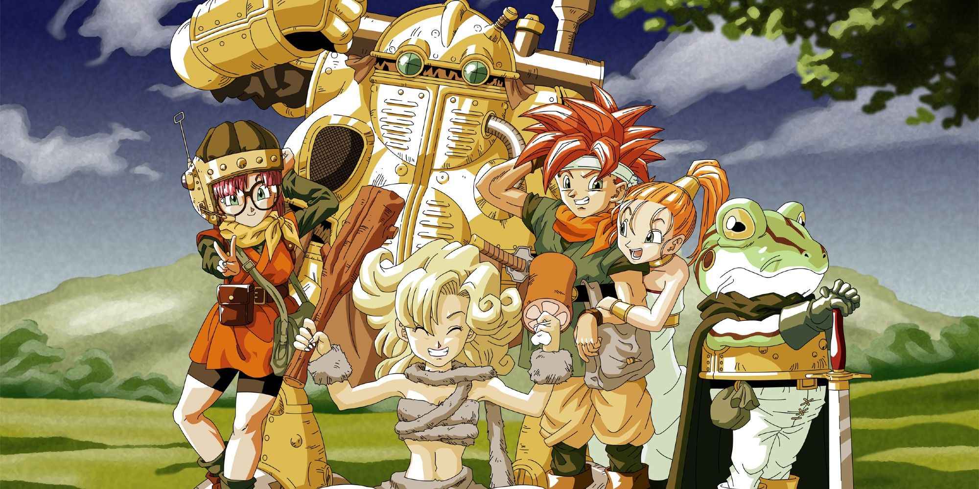 The party of Chrono Trigger posing in a green field.