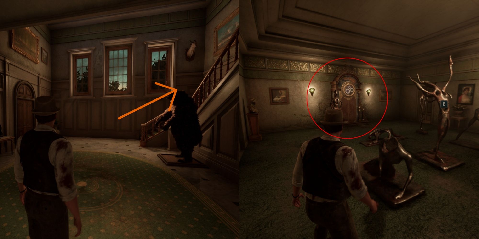Edward in the Gallery with an arrow pointing to stairs, Edward near statues and a clock in Alone in the Dark.