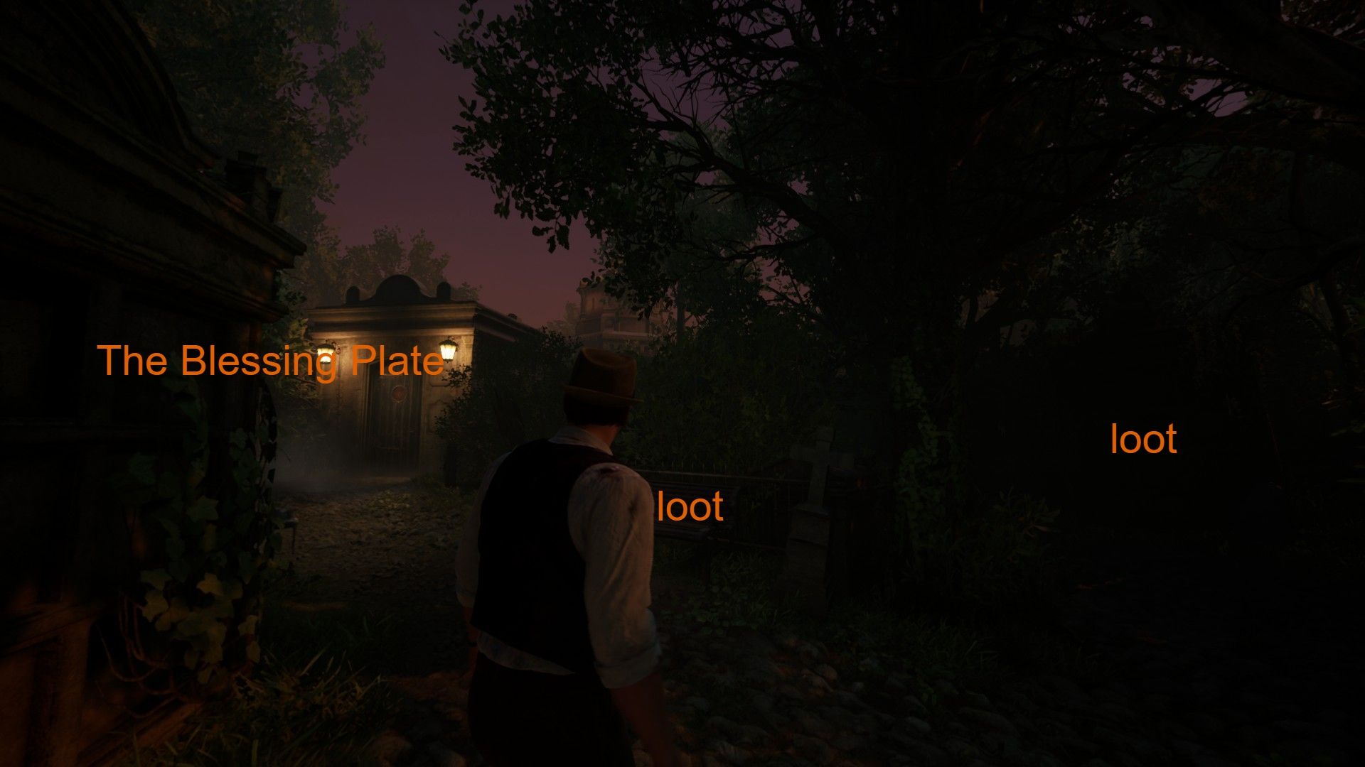 Edward in Cemetery with nearby loot labelled in Alone in the Dark.