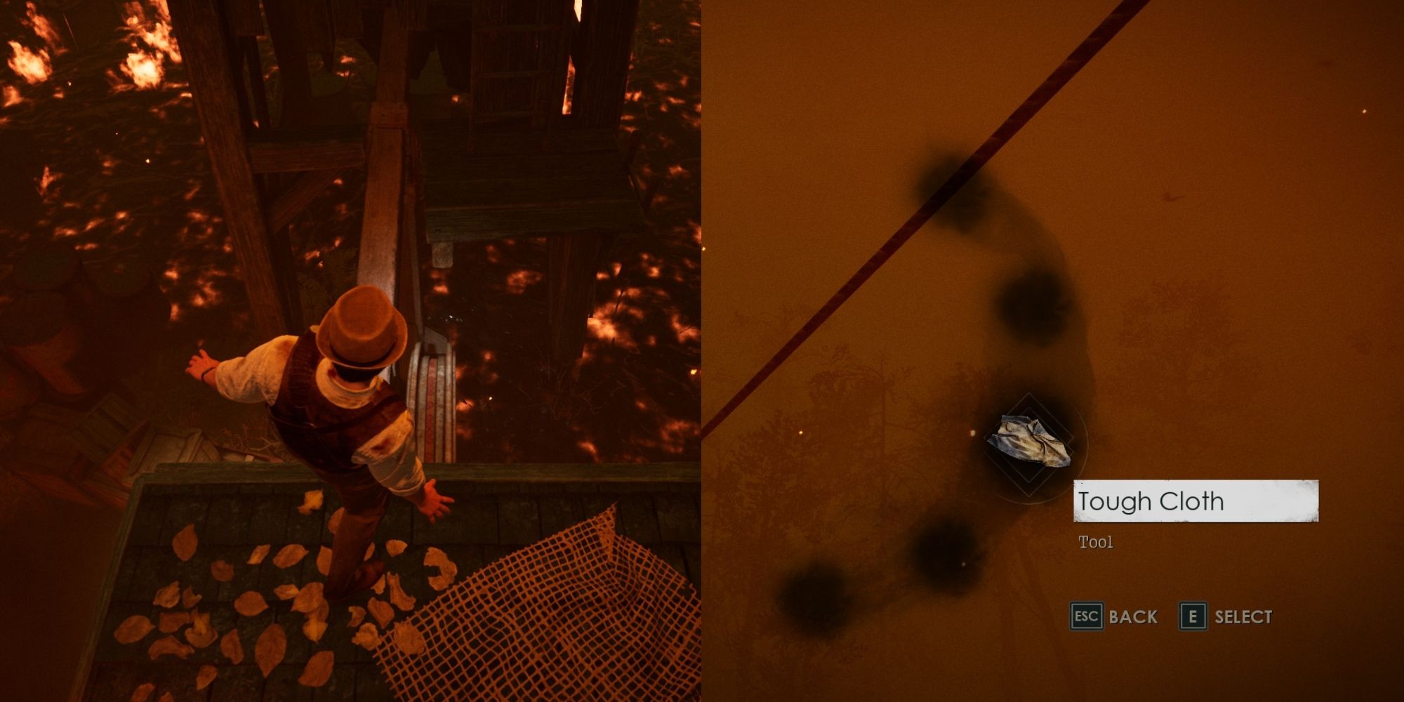A split image of Edward Walking Over Firey Ground and the Tough Cloth item selection in Alone in the Dark.