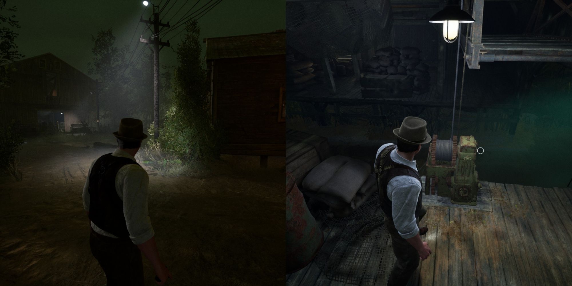 A split image of Edward at the Dark Hateful Mound Barn and Edward beside the Bridge Lever in Alone in the Dark.