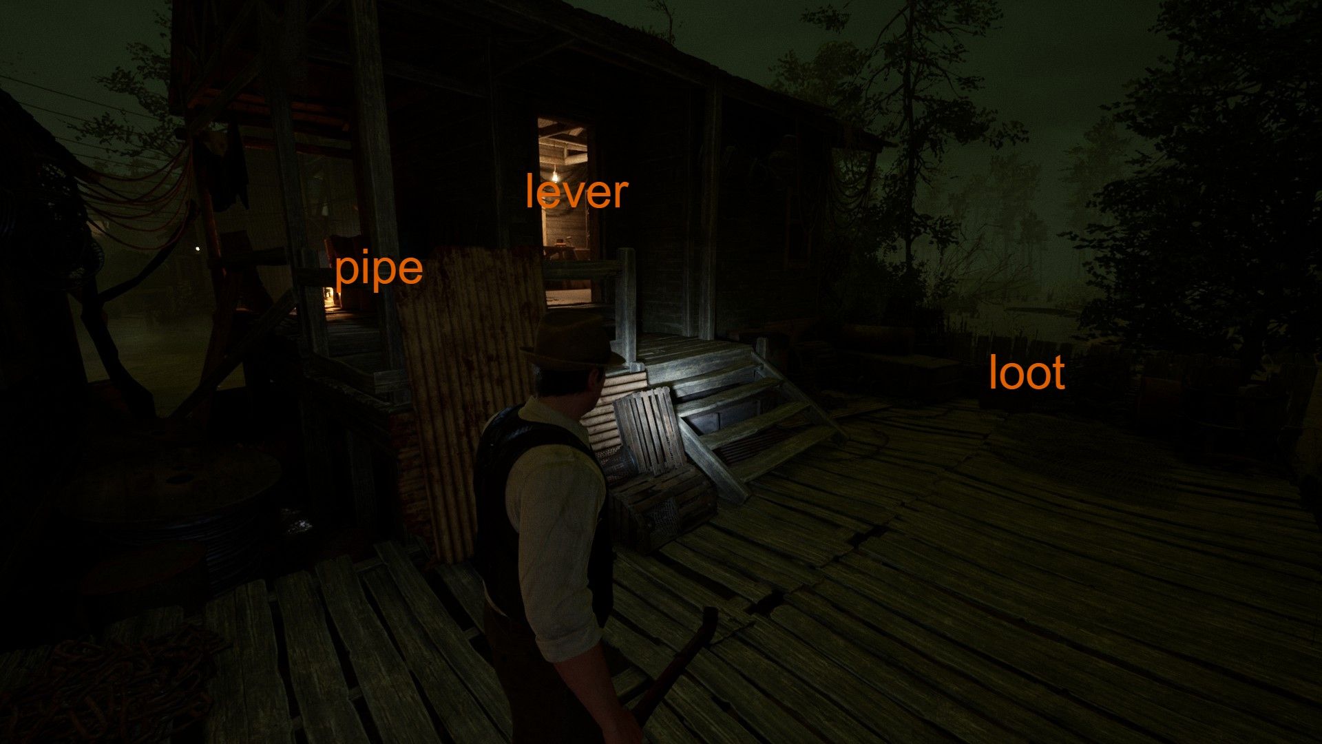 Edward inside the Hateful Mound shack with words above specific items in Alone in the Dark.