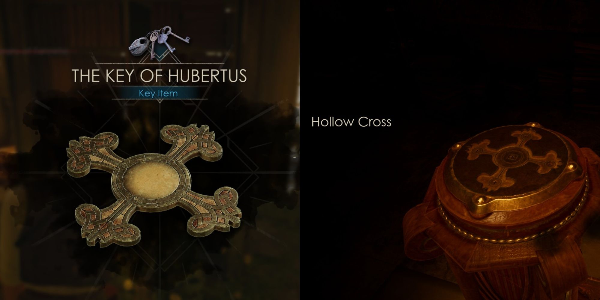 A split image of the Dark Key of Hubertus item and the Hollow Cross in Alone in the Dark.