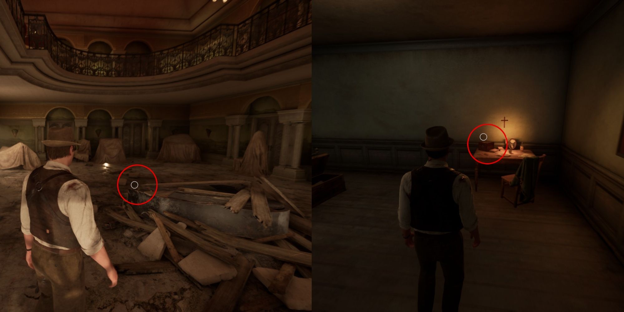 A split image of Edward in the Grand Parlor with red circle in center of room and Edward in Lottie&rsquo;s room with red circle on medicine box in Alone in the Dark.