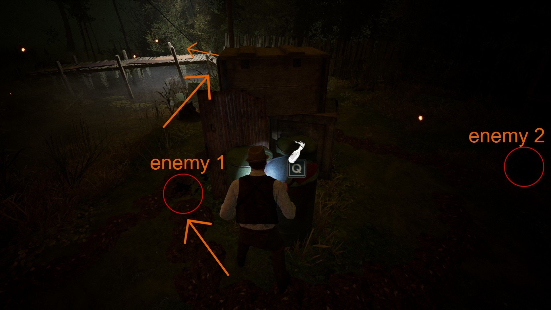 Edward near the underground enemy locations, which are marked on the image, in Alone in the Dark.