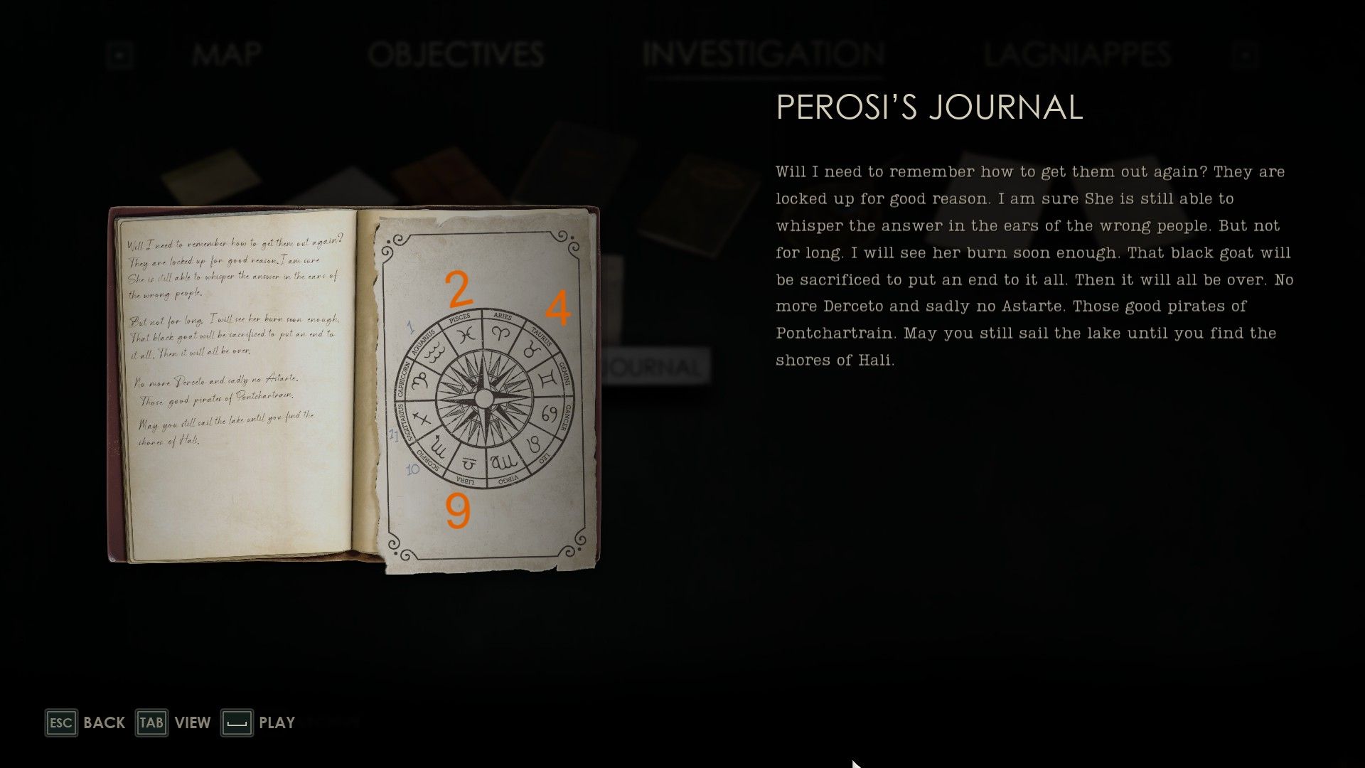Perosi&rsquo;s Journal showing zodiac signs with numbers in Alone in the Dark.