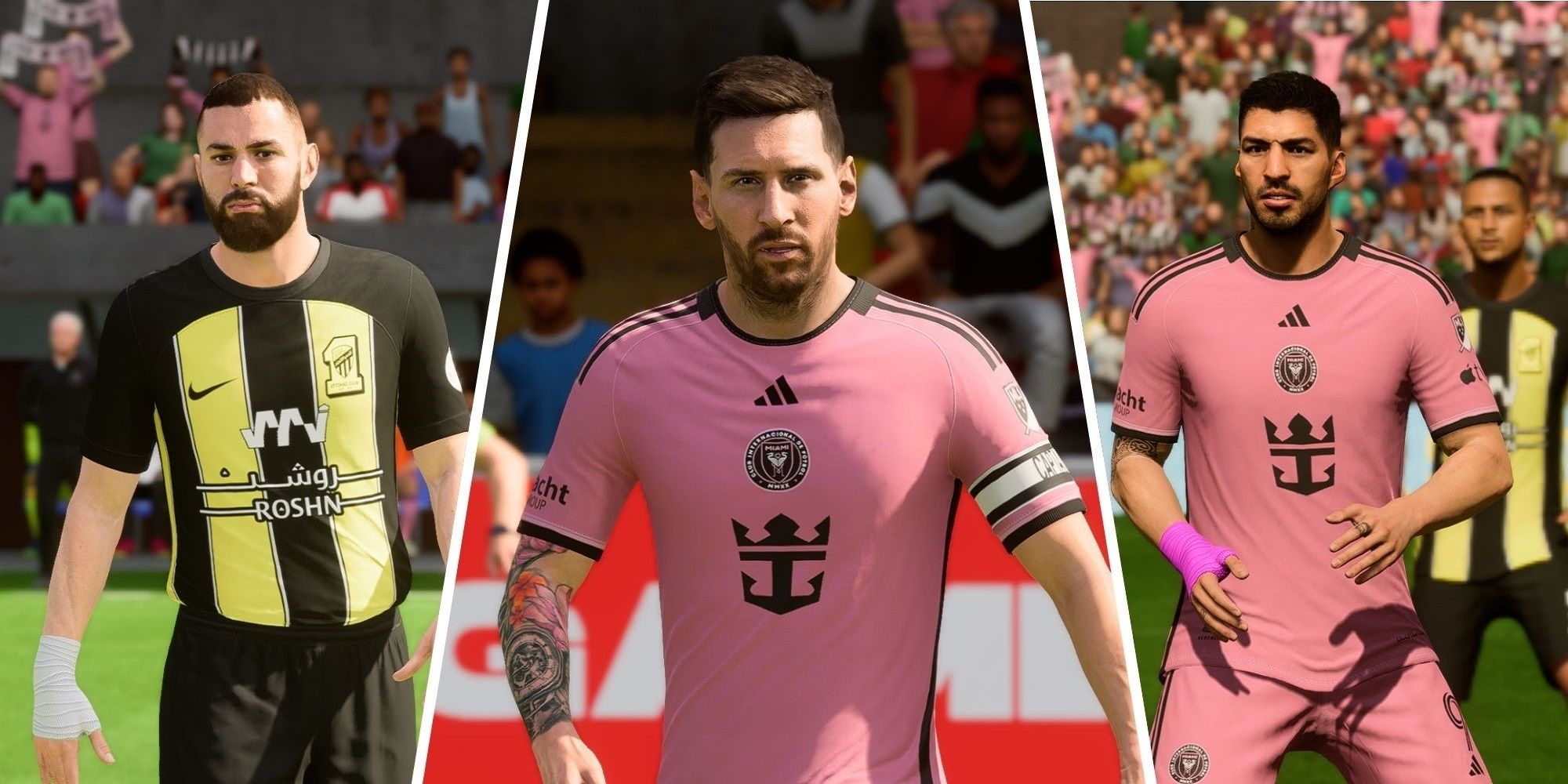 An image of Karim Benzema, Lionel Messi, and Luis Suarez in EA Sports FC 24