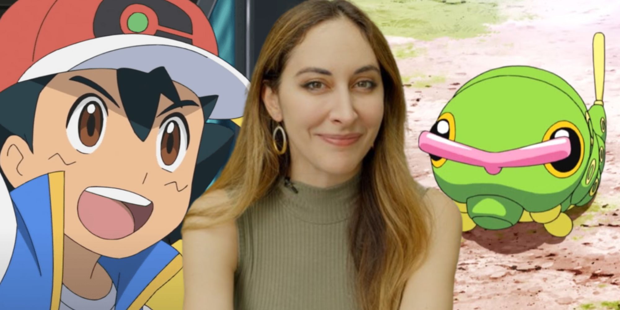 Ash and Caterpie in the Pokemon anime next to voice actor Sarah Natochenny
