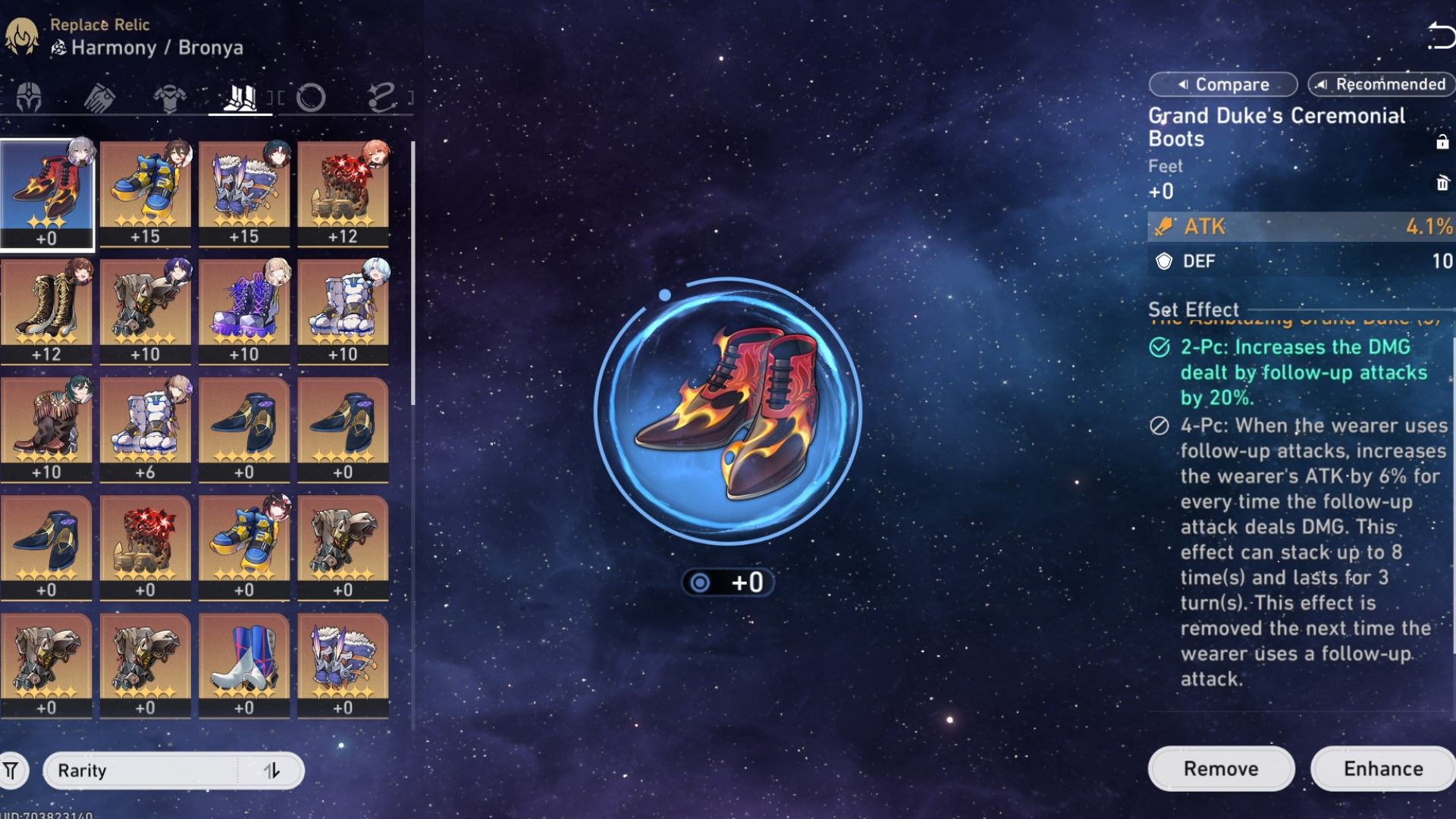 Ashblazing Grand Duke Relic menu in Honkai Star Rail.