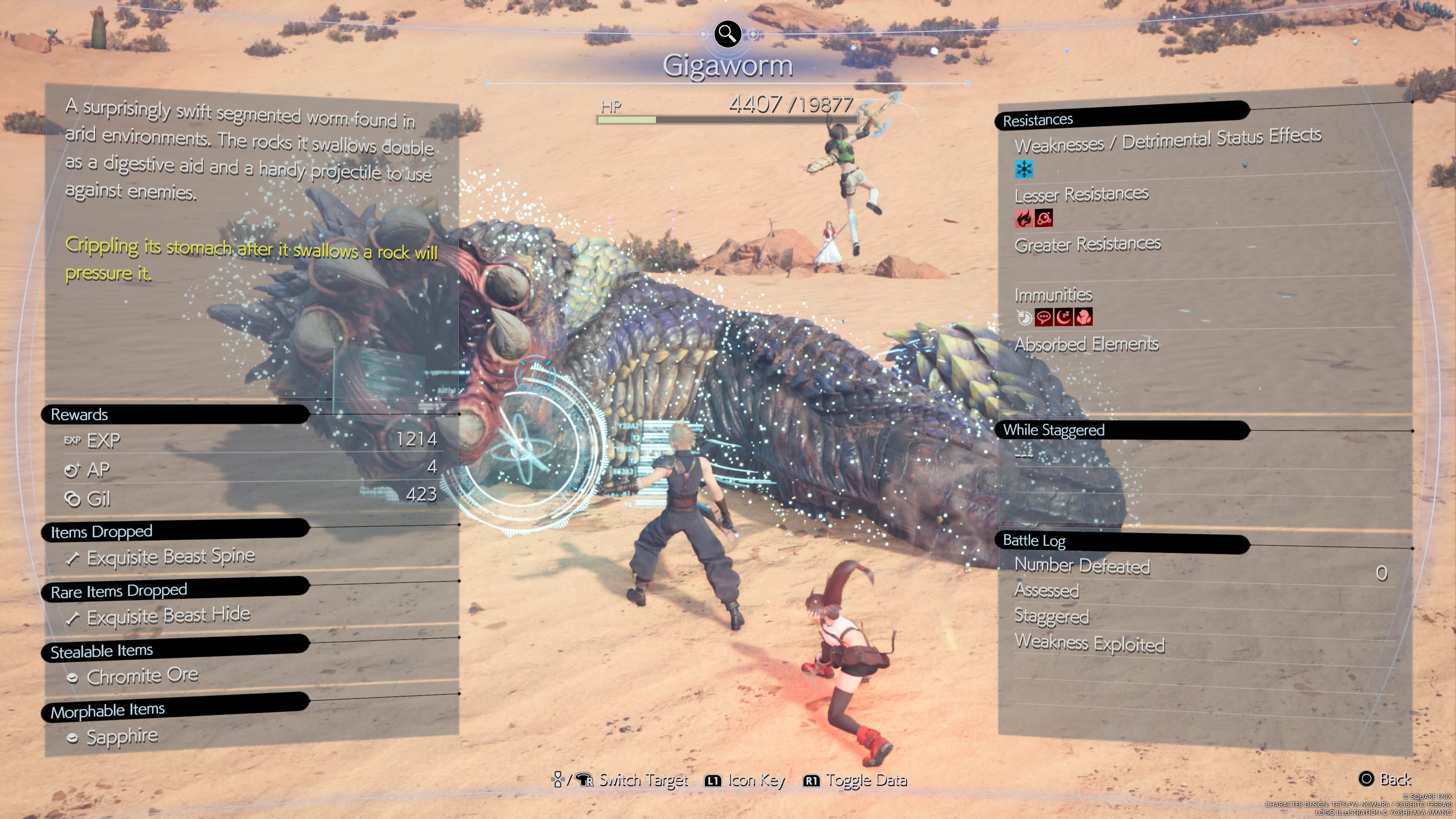 Assess menu of the Gigaworm enemy - FF7 Rebith