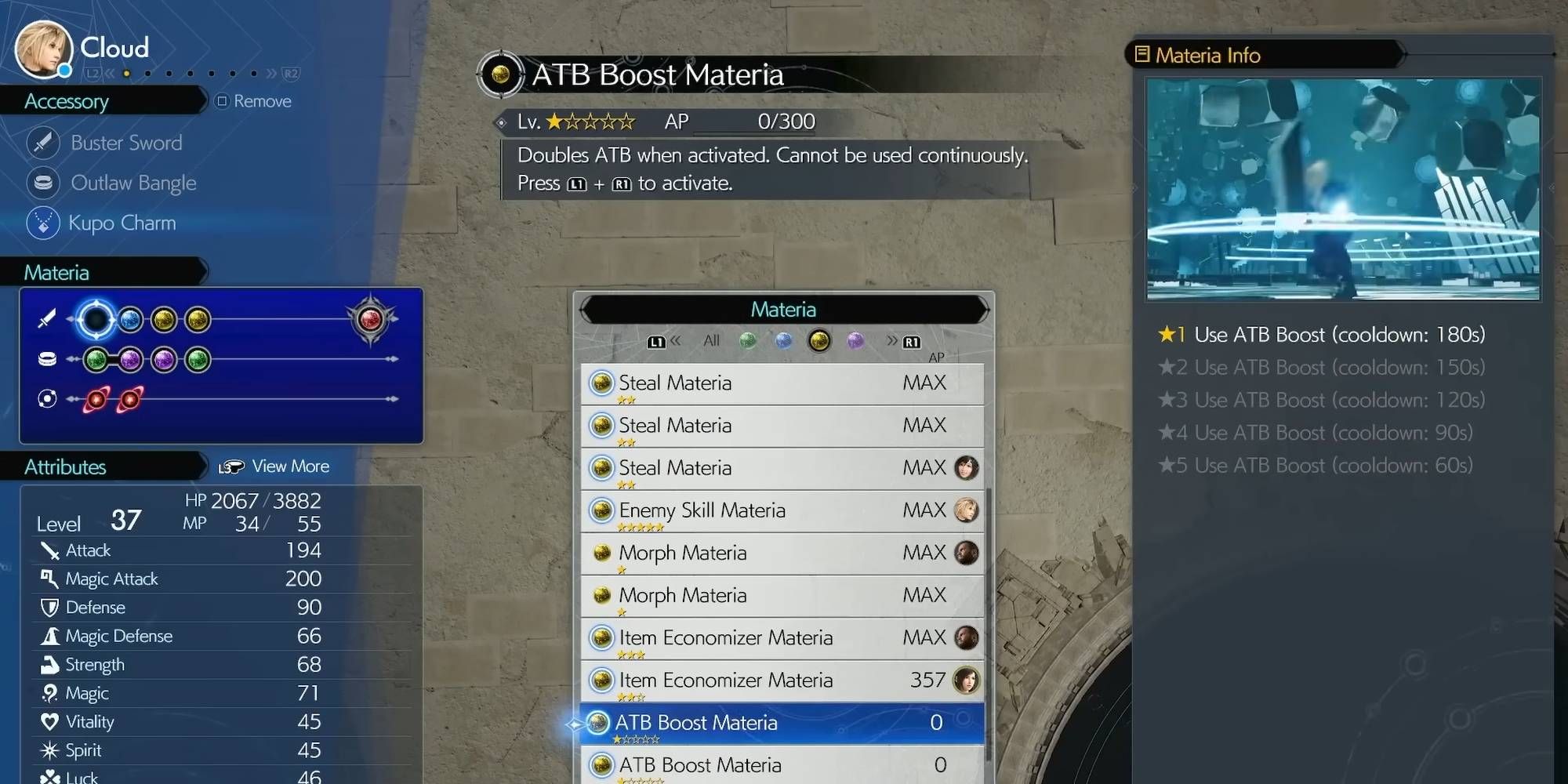 ATB boost materia shown in menu in final fantasy 7 rebirth