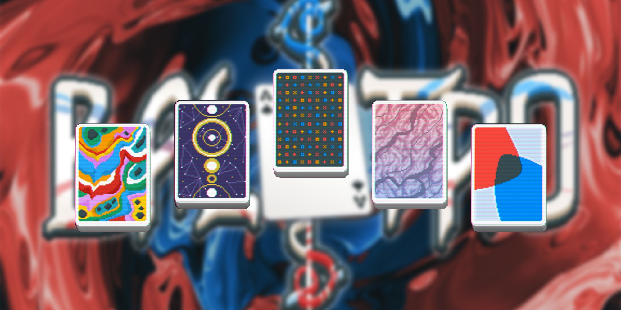 Balatro Best Decks - Five different card back designs on the game's faded background image