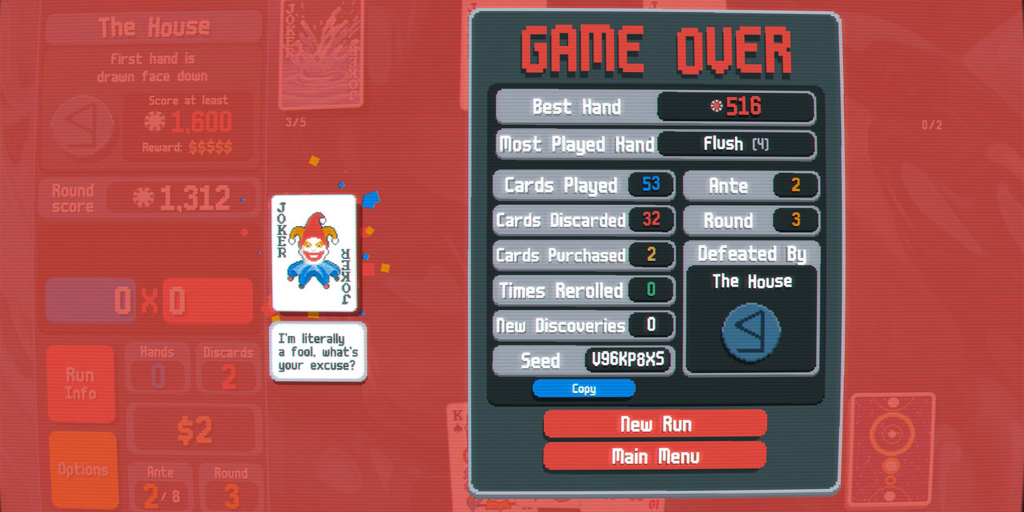 The Balatro game over screen with data from the run.