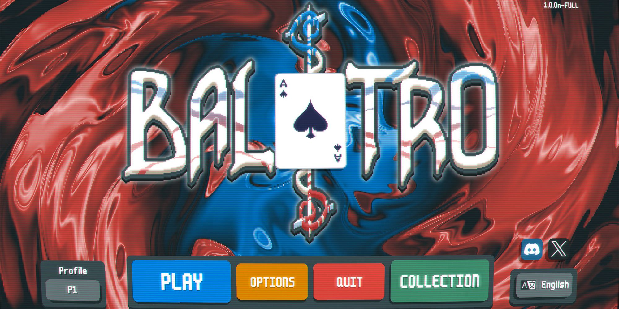 The main menu of Balatro, with the Play, Options, Quite, and Collection options.
