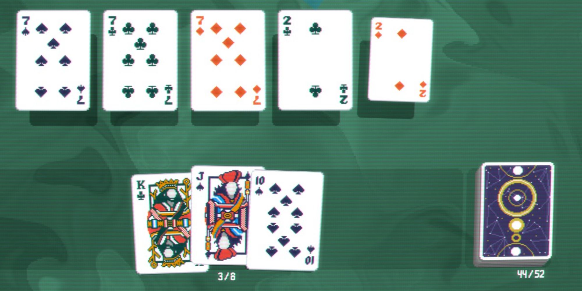 A screenshot from Balatro showing a Full House being played, with the Zodiac Deck being visible on the right side of the screen