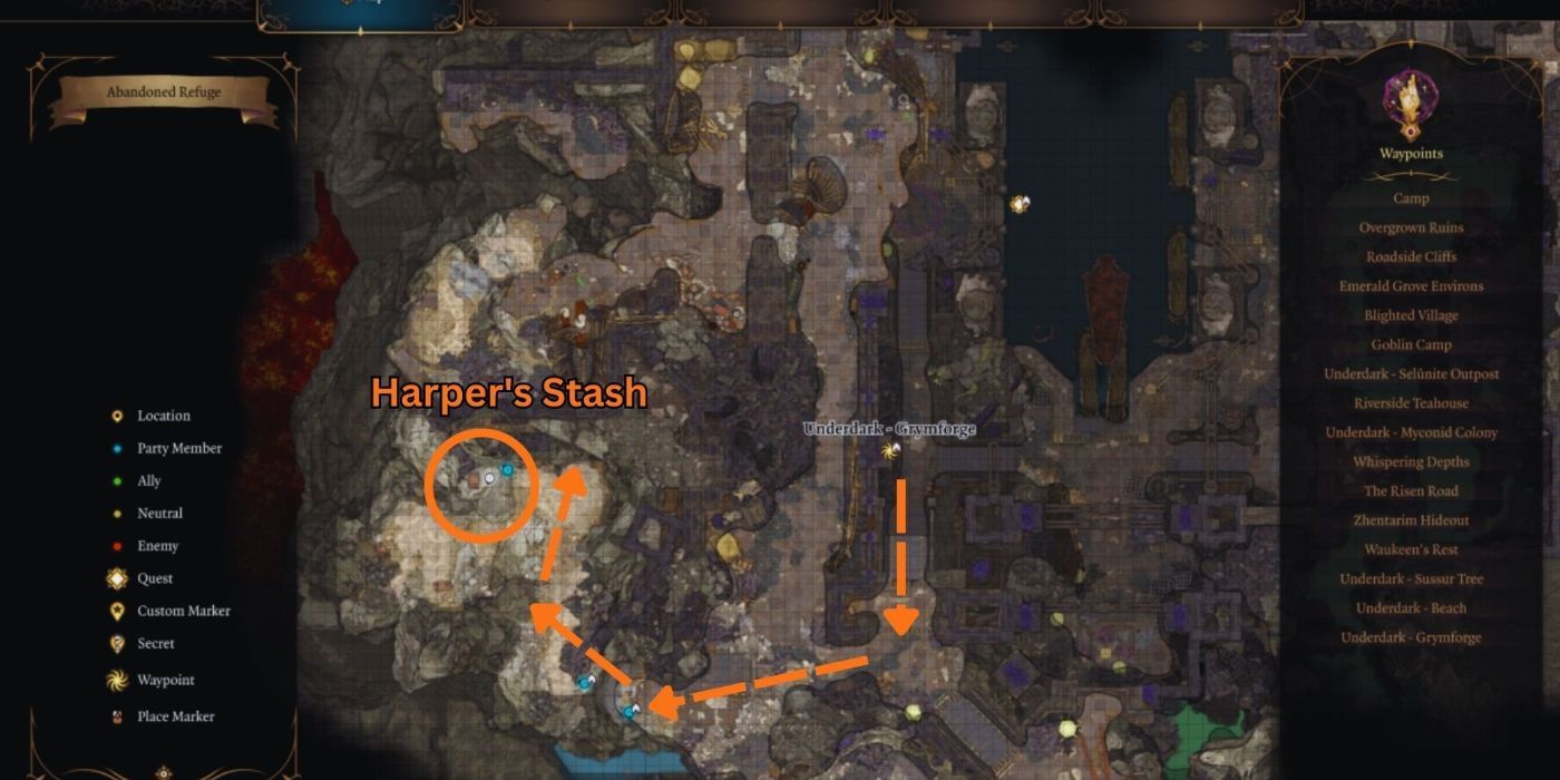 Baldur's Gate 3 - Map of how to find the Harper Stash from the Grymforge Waypoint