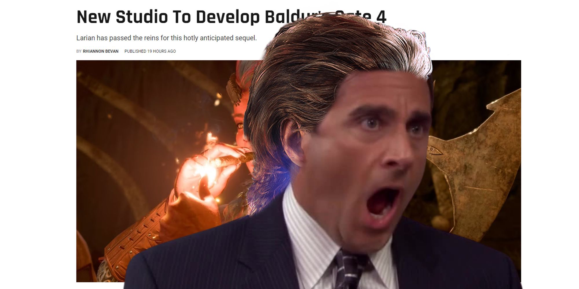 Michael Scott no god please no meme, but Steve Carell has Gale's hair and his image is in front of a news article about Larian not making Baldur's Gate 4