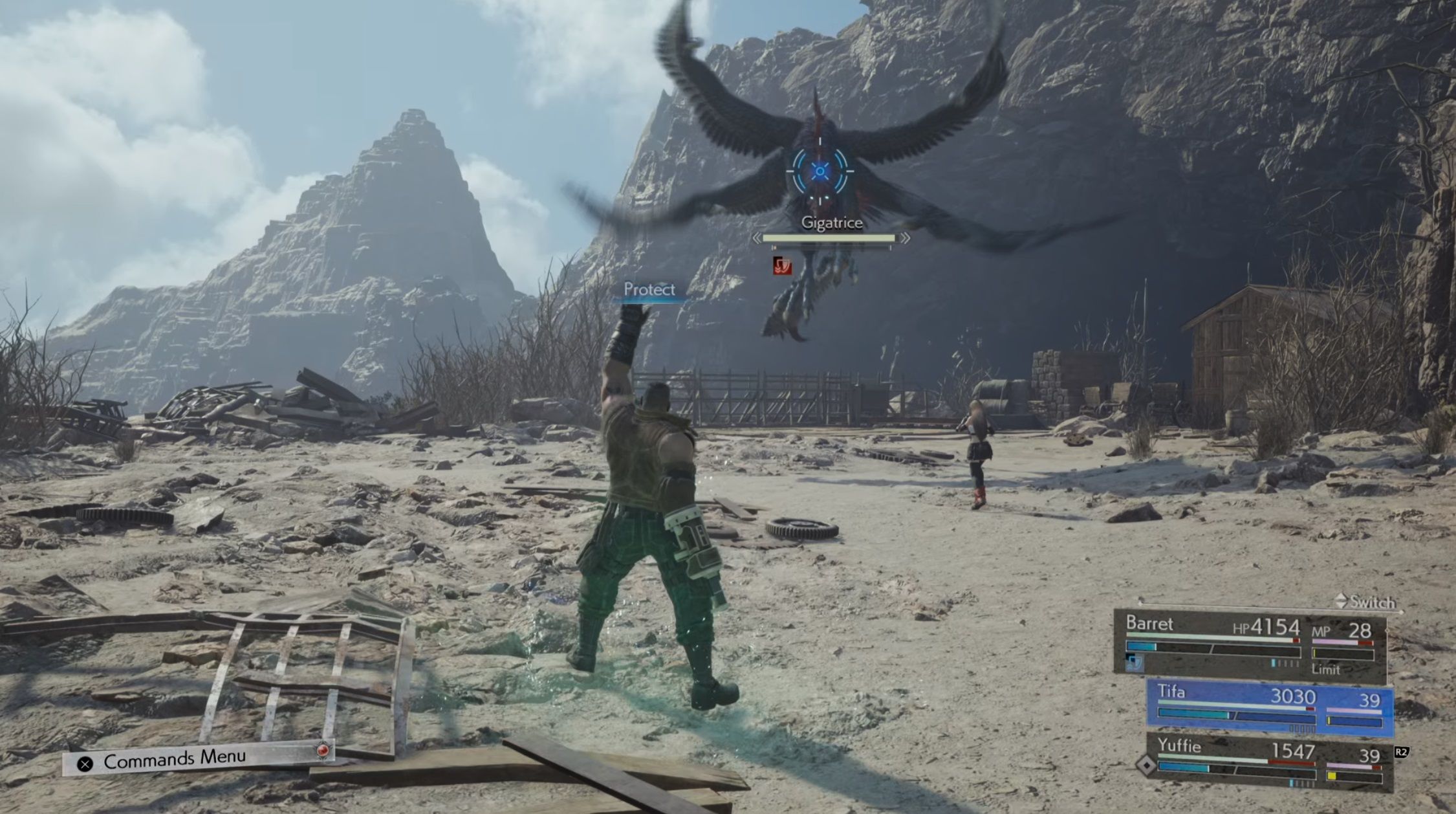 Barret casts Protect while Yuffie and Tifa battle the FF7 Rebirth Gigatrice